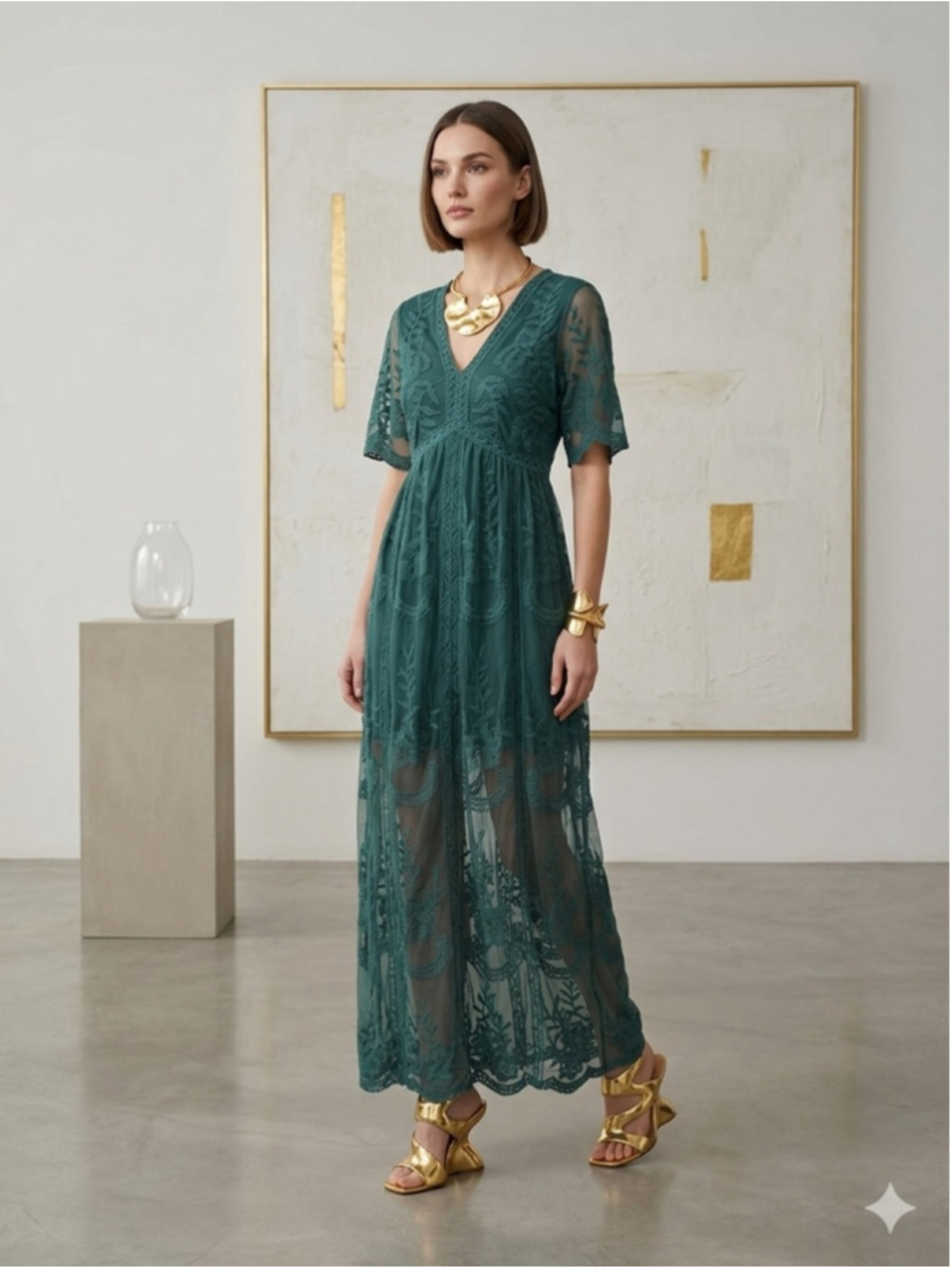 PinkBlush Green Lace Maxi Dress Sheer Floral Embroidered Boho